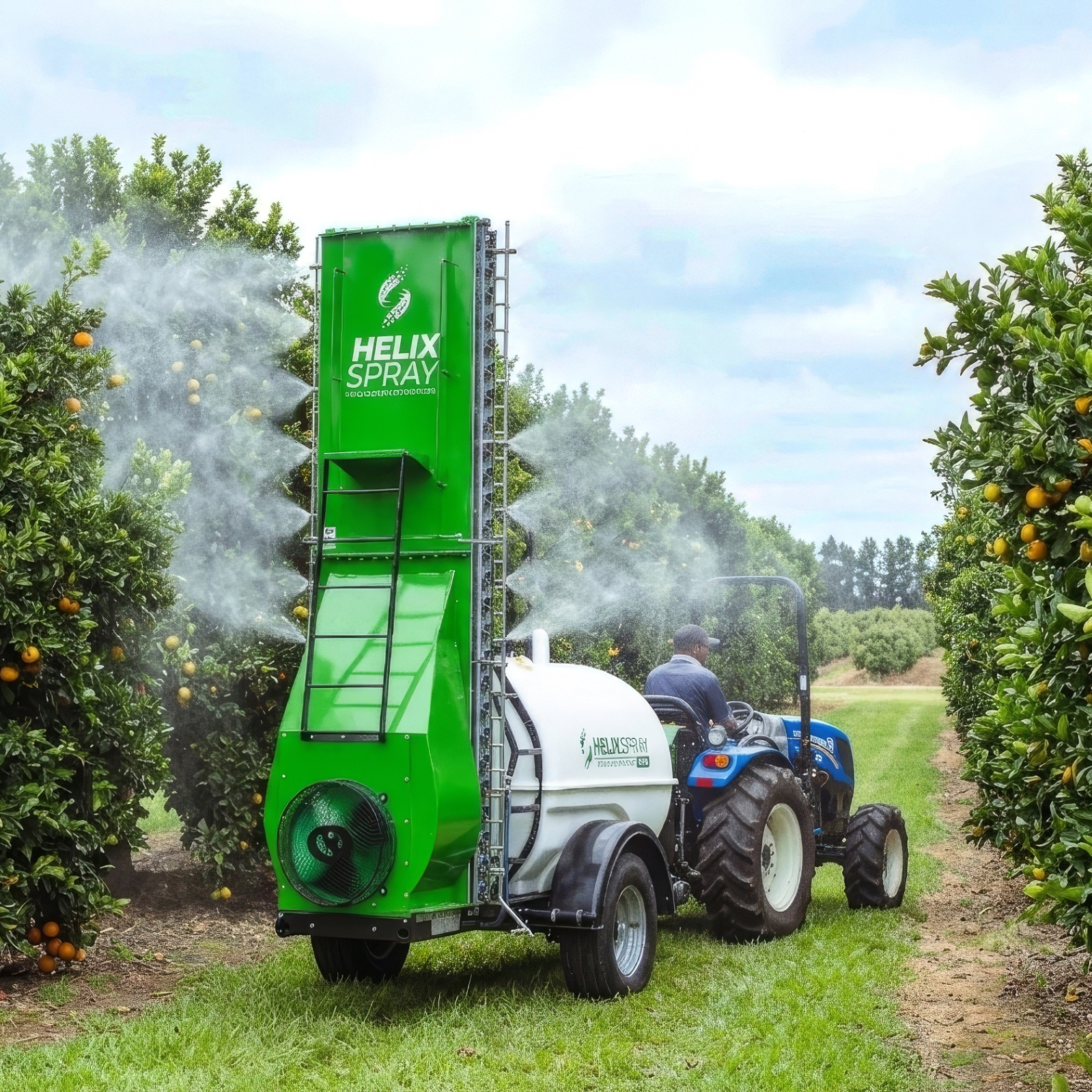 HelixSpray tower sprayer in action between rows of citrus trees